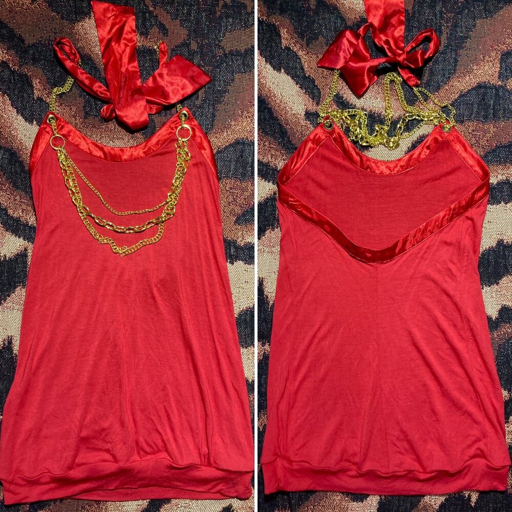Vtg Y2K red halter babydoll party club top gold chains rave embellished ribbon S